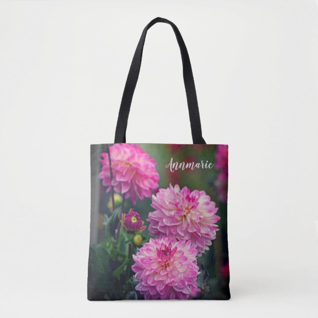 Pink and White Dahlia Flower Personalized Tote Bag (Front)