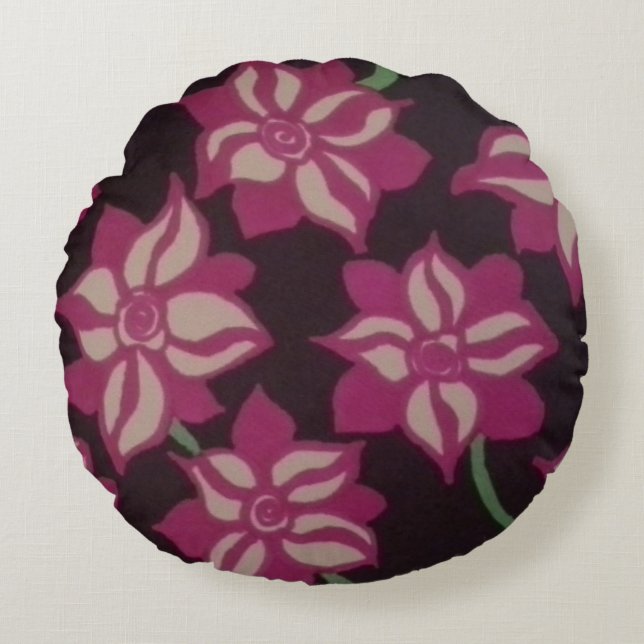 Pink and White Dahlia Pattern Round Pillow (Front)