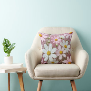 Pink and White Daisies Throw Pillow