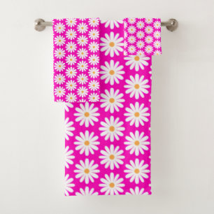 Pink and White Daisy Flower Pattern Bath Towel Set