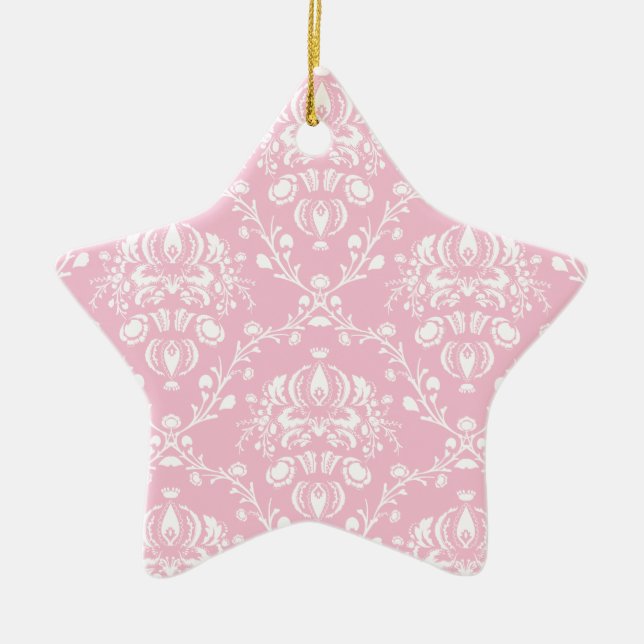 Pink and White Damask Ceramic Ornament (Front)