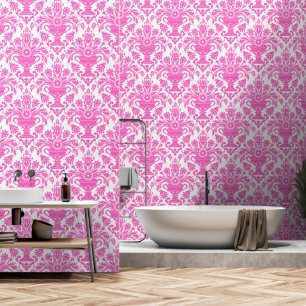 Pink and White Damask Floral peel and stick Wallpaper
