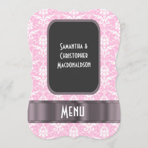 Pink and white damask formal wedding menu