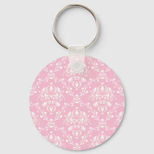 Pink and White Damask Keychain