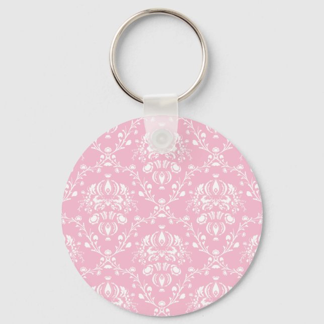 Pink and White Damask Keychain (Front)