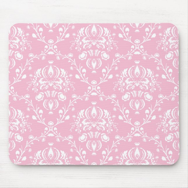 Pink and White Damask Mouse Pad (Front)