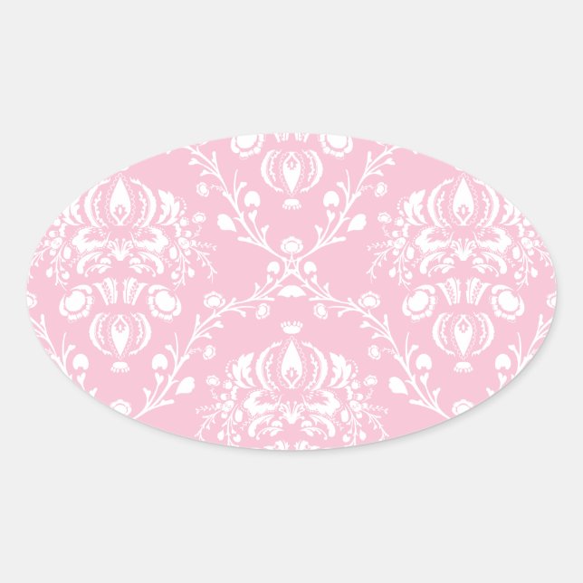 Pink and White Damask Oval Sticker (Front)