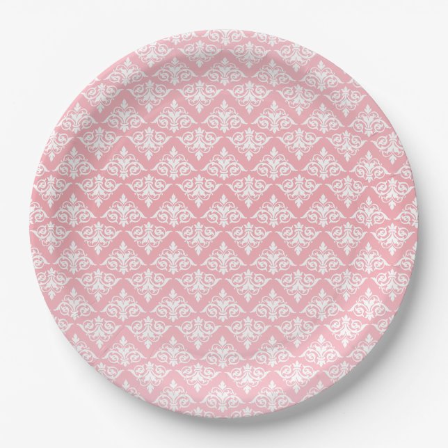 Pink and White Damask Paper Plate (Front)