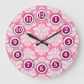 Pink and White Damask Pattern Clock