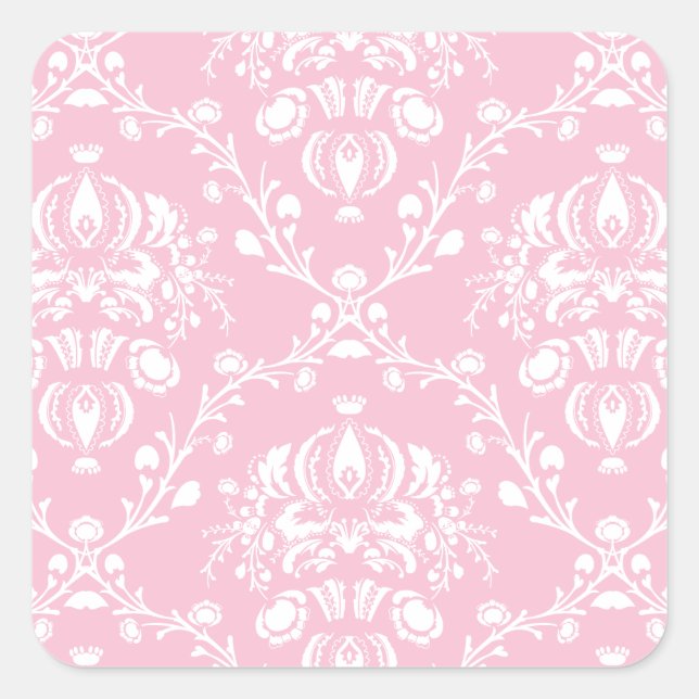 Pink and White Damask Square Sticker (Front)