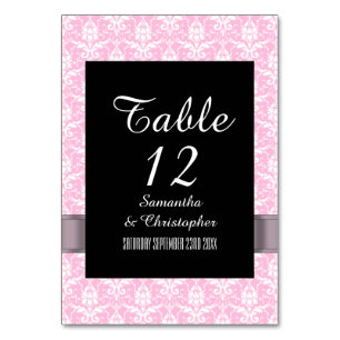 Pink and white damask table number