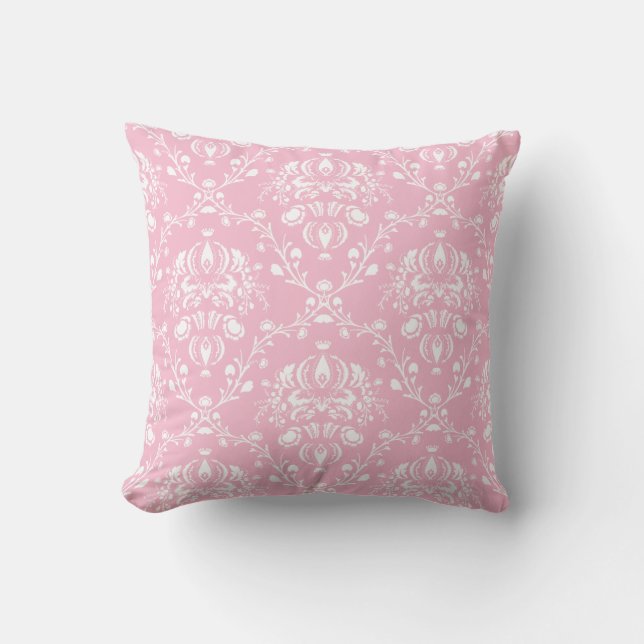 Pink and White Damask Throw Pillow (Front)