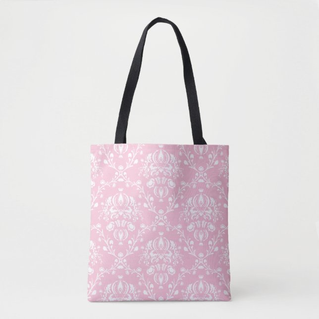 Pink and White Damask Tote Bag (Front)