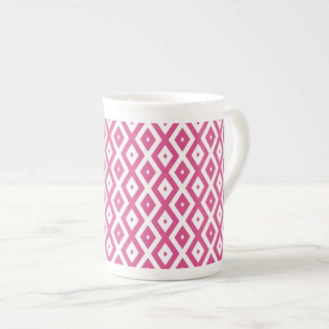Pink and white diamond pattern bone china mug (Front Right)