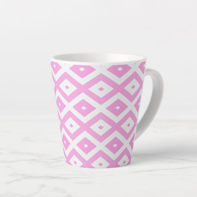 Pink and white diamond pattern latte mug (Right Angle)