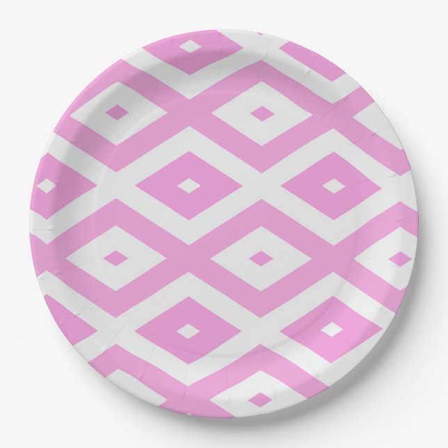 Pink and white diamond pattern paper plate (Front)