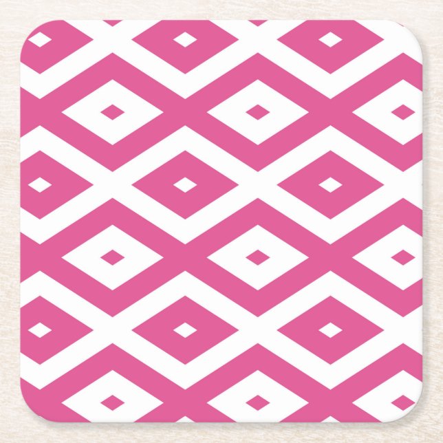 Pink and white diamond pattern square paper coaster (Front)