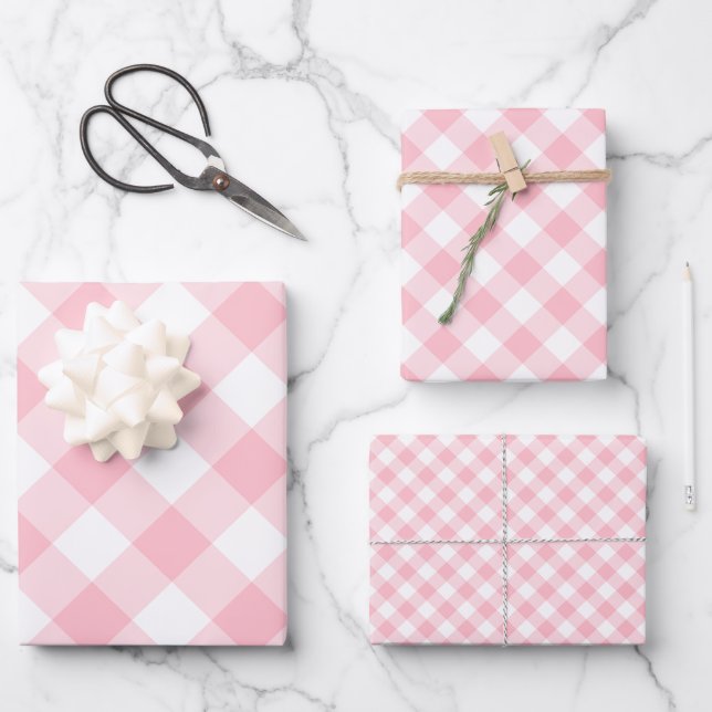 Pink and White Different Sizes Diagonal Gingham Wrapping Paper Sheet (Front)