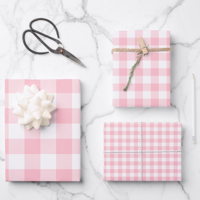 Pink and White Different Sizes Gingham Checks Wrapping Paper Sheet (Front)