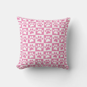 Pink And White Dog Paws In Squares Custom Throw Pillow