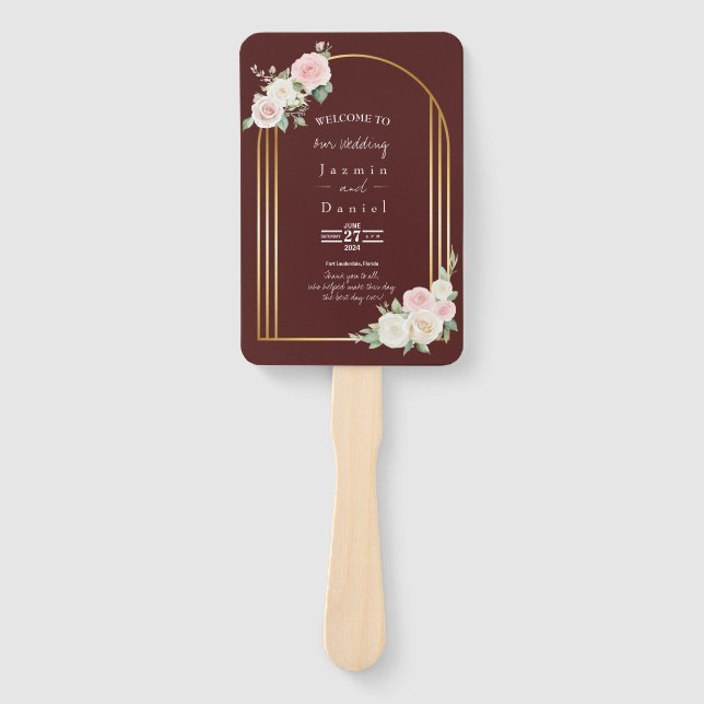 Pink And White Dusky Blooms Wedding Itinerary Hand Fan (Front)