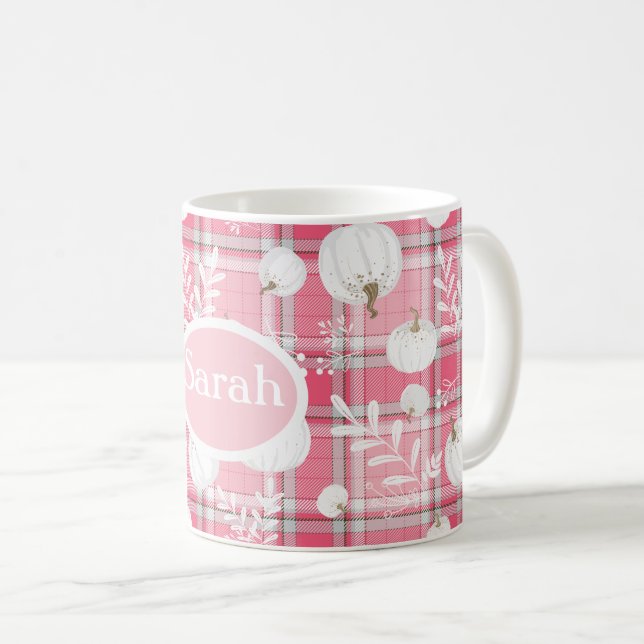 pink and white fall pattern with pumpkins and name coffee mug (Front Right)