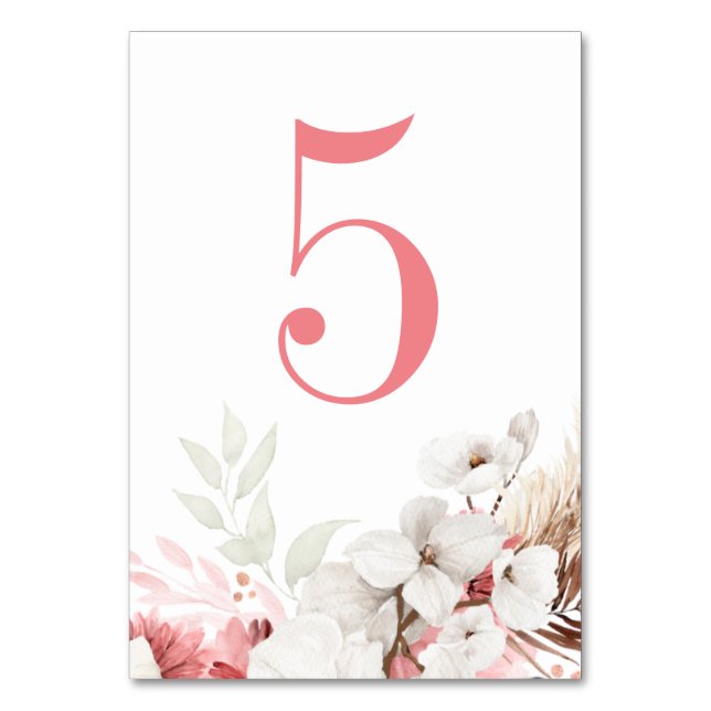 Pink and White Floral Boho Elegant Table Number (Front)