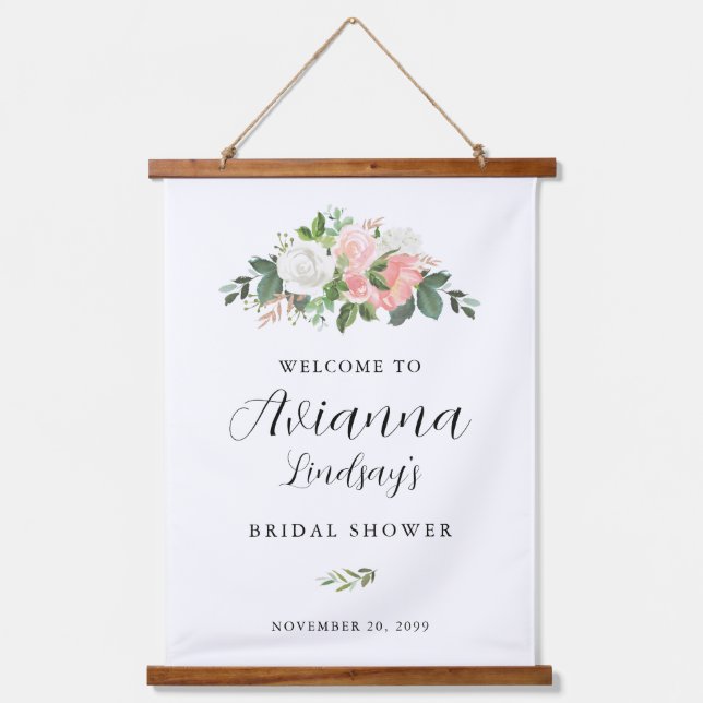 Pink and White Floral Bridal Shower Welcome Hanging Tapestry (Front)