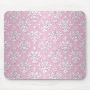 Pink and White Floral Damask Pattern Mouse Pad