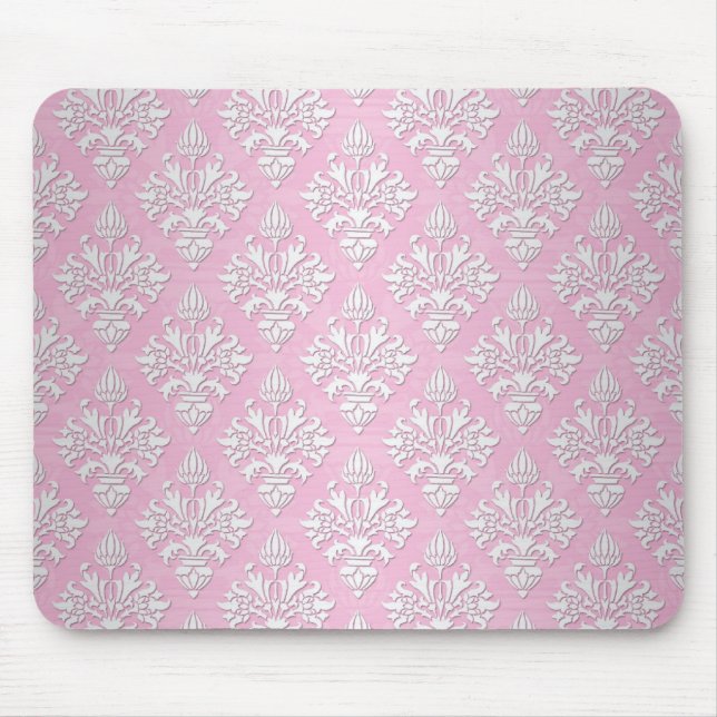 Pink and White Floral Damask Pattern Mouse Pad (Front)