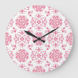 Pink and White Floral Damask Style Pattern Large Clock