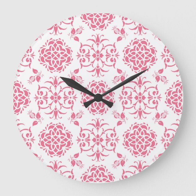 Pink and White Floral Damask Style Pattern Large Clock (Front)