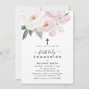 pink and white floral first holy communion invitation
