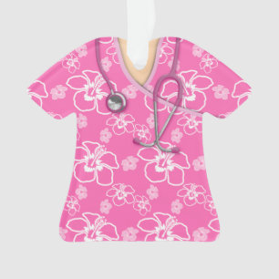 Pink And White Floral Medical Scrubs Ornament