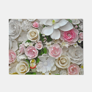 Pink and white floral print doormat