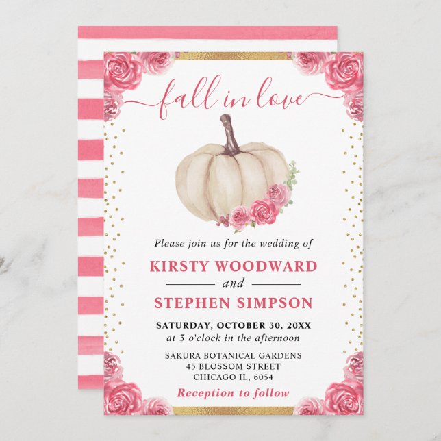 Pink and White Floral Pumpkin Fall Wedding Invitation (Front/Back)