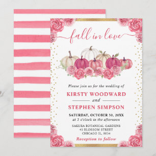 Pink and White Floral Pumpkins Fall Wedding Invitation