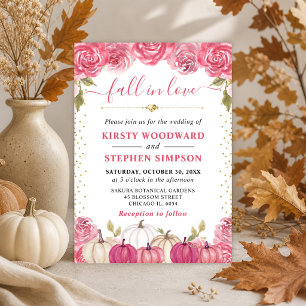 Pink and White Floral Pumpkins Fall Wedding Invitation