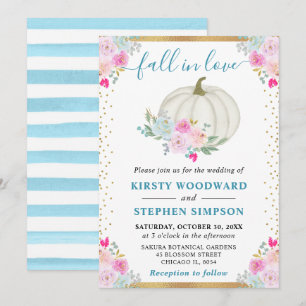 Pink and White Floral Pumpkins Fall Wedding Invitation