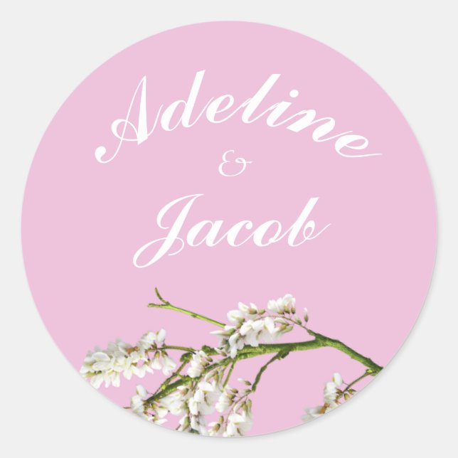 Pink and white floral script wedding stickers (Front)