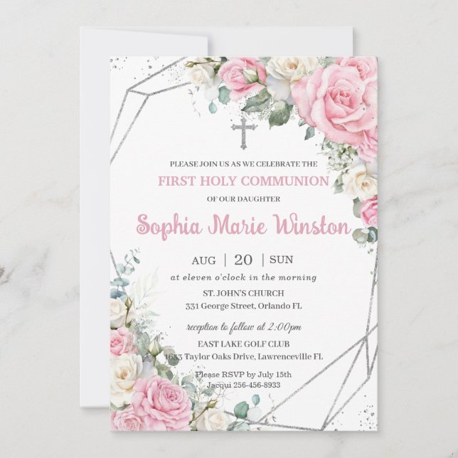 Pink and White Floral Silver First Holy Communion  Invitation (Front)