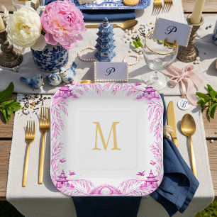 Pink and White Floral Willow Tile Monogram Paper Plate
