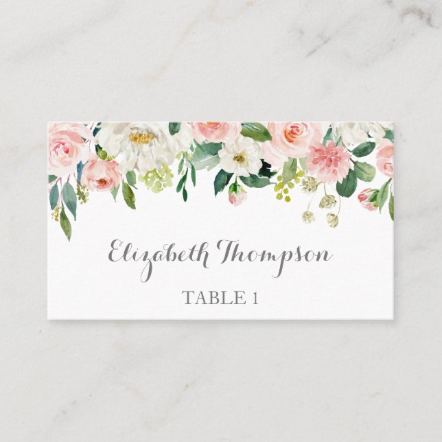 Pink and White Flower Wedding Flat Place Card (Front)