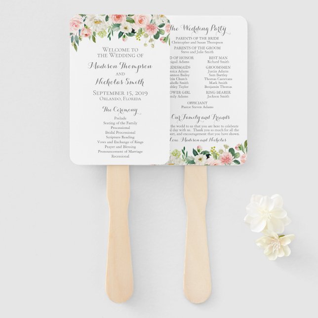 Pink and White Flower Wedding Program Fans (Front and Back)