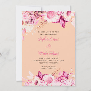 Pink and White Flowers Boho Orange Wedding Invitation