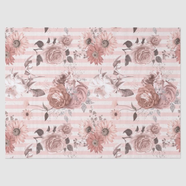 Pink and White Flowers on Striped Decoupage Tissue Paper (Front)