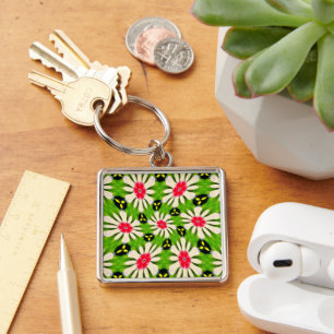 Pink and White Flowers Pattern Keychain
