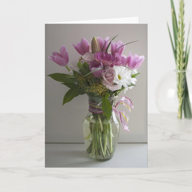 Pink and white flowers, thank you or blank card (Front)