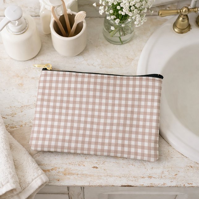 Pink and White Gingham Check Pattern Accessory Pouch (An accessory bag with a pretty pink & white gingham plaid pattern.)