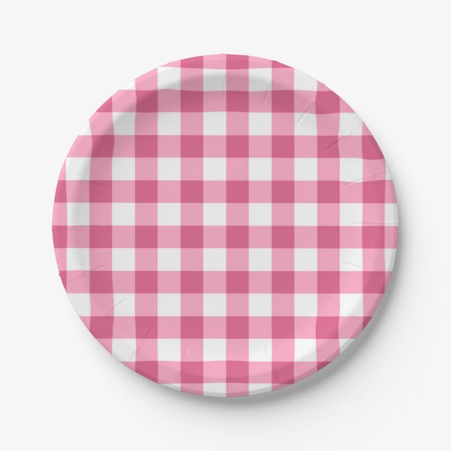 Pink And White Gingham Check Pattern Paper Plate (Front)